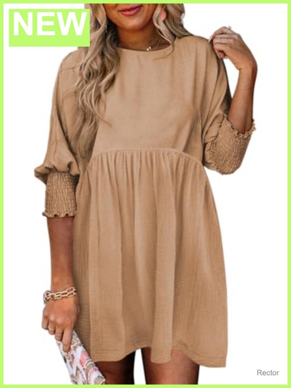 Women's Empire Waist Babydoll Mini Dress 3/4 Sleeve Casual Swing Tiered Ruffle